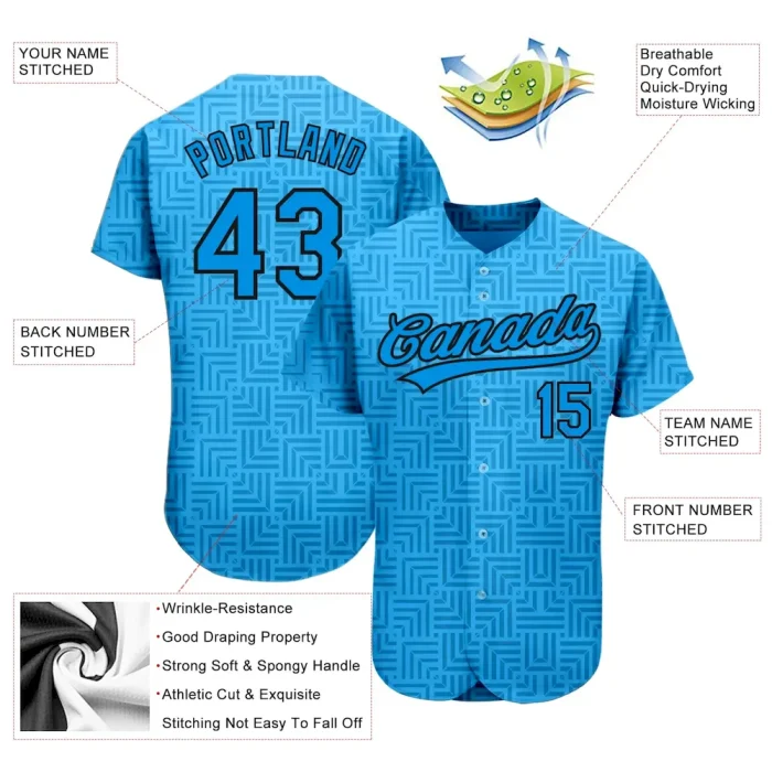 Custom Blue Blue-Black 3D Pattern Design Authentic Baseball Jersey - Image 3