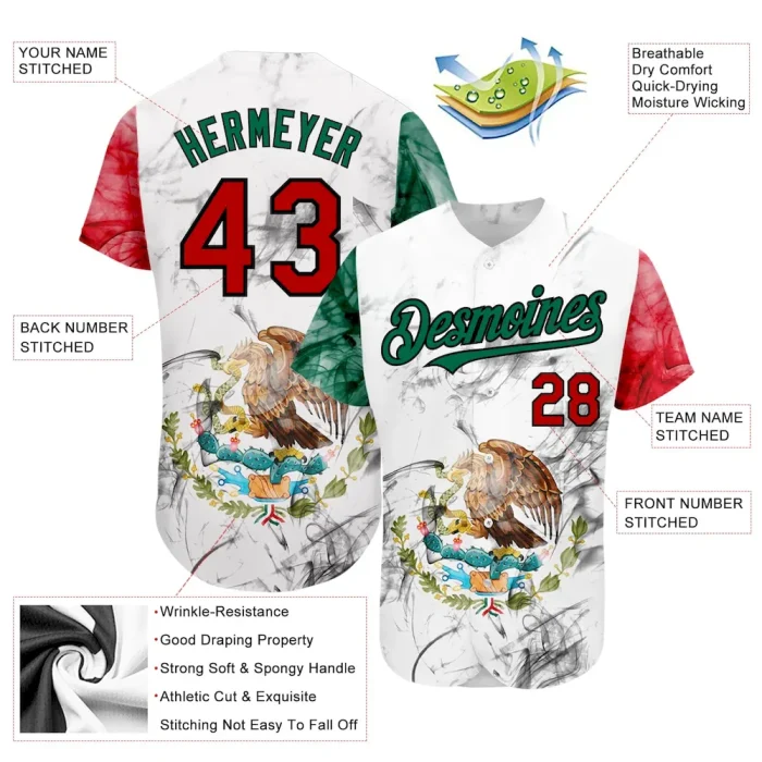 Custom White Red Kelly Green-Black 3D Mexican Flag Authentic Baseball Jersey - Image 3