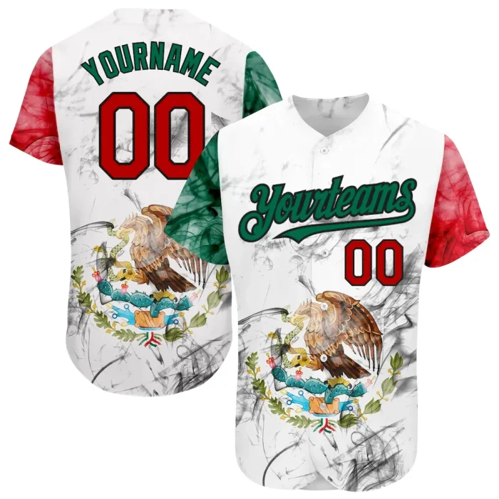 Custom White Red Kelly Green-Black 3D Mexican Flag Authentic Baseball Jersey - Image 1