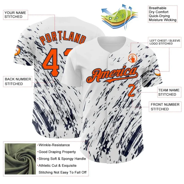 Custom White Orange-Navy 3D Pattern Design Abstract Splash Authentic Baseball Jersey - Image 3