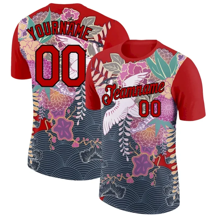 Custom Red Black 3D Pattern Design Animal Crane Performance T-Shirt - Image 1
