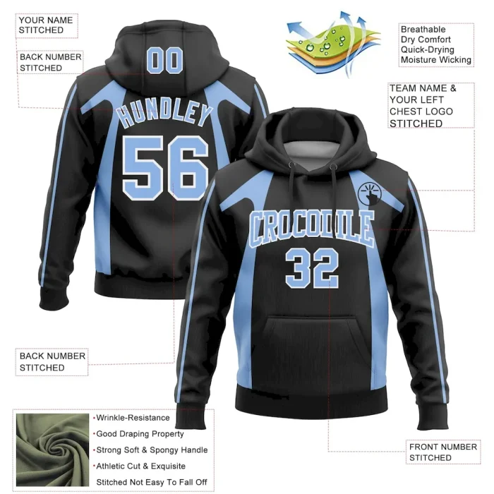 Custom Stitched Black Light Blue-White 3D Pattern Design Segmentation Patchwork Stripe Sports Pullover Sweatshirt Hoodie - Image 2
