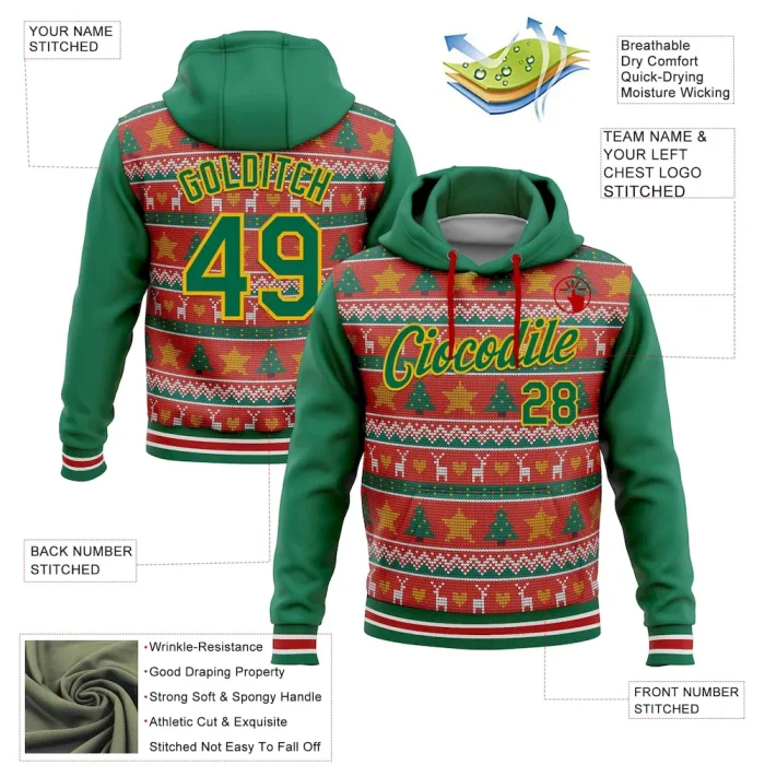 Custom Stitched Red Kelly Green-Gold 3D Christmas Sports Pullover Sweatshirt Hoodie - Image 2