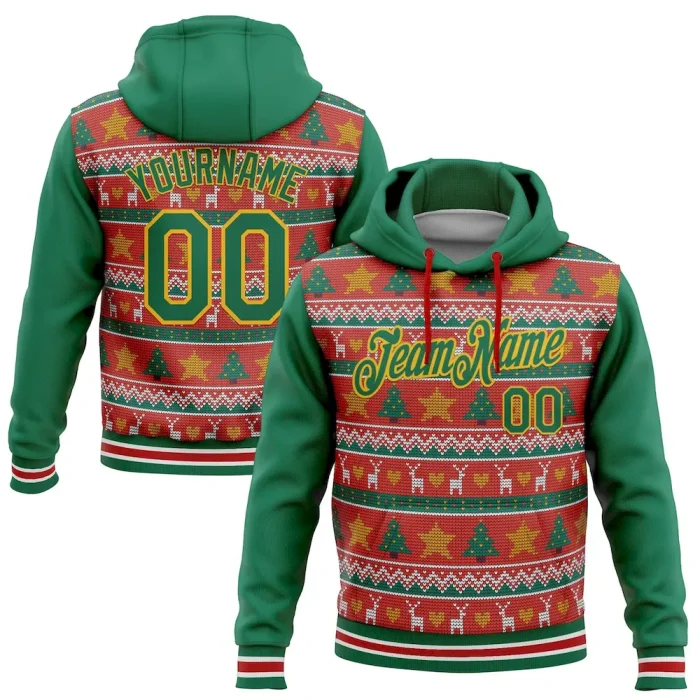 Custom Stitched Red Kelly Green-Gold 3D Christmas Sports Pullover Sweatshirt Hoodie - Image 1