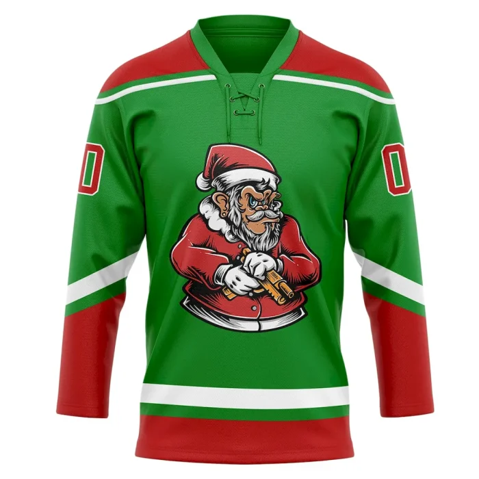Custom Grass Green Red-White Funny Christmas 3D Hockey Lace Neck Jersey - Image 2