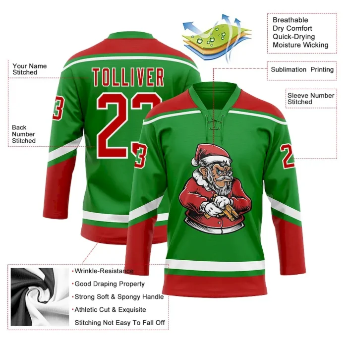 Custom Grass Green Red-White Funny Christmas 3D Hockey Lace Neck Jersey - Image 3