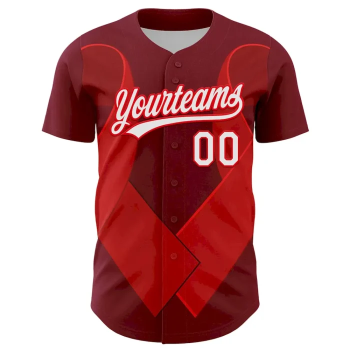 Custom Maroon White-Fire Red 3D Blood Cancer Ribbon Authentic Baseball Jersey - Image 2