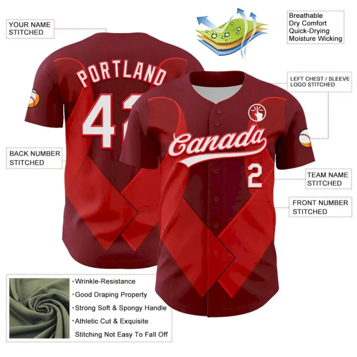Custom Maroon White-Fire Red 3D Blood Cancer Ribbon Authentic Baseball Jersey - Image 3