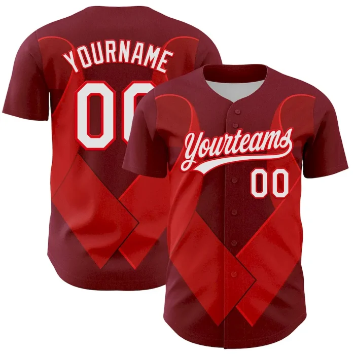 Custom Maroon White-Fire Red 3D Blood Cancer Ribbon Authentic Baseball Jersey - Image 1