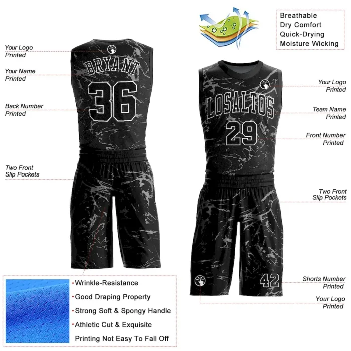 Custom Black White-Gray Abstract Grunge Art Round Neck Sublimation Basketball Suit Jersey - Image 2