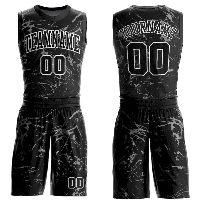 Custom Black White-Gray Abstract Grunge Art Round Neck Sublimation Basketball Suit Jersey - Image 1