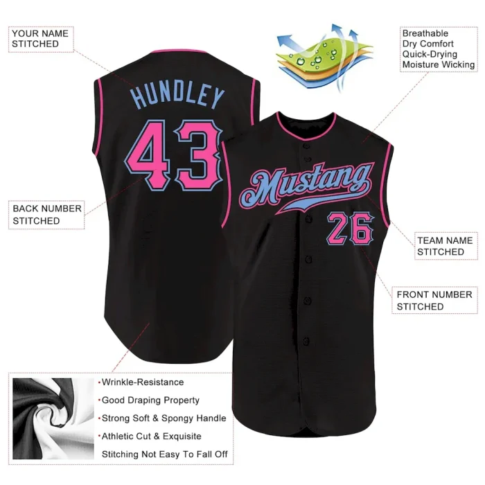 Custom Black Pink-Light Blue Authentic Sleeveless Baseball Jersey - Image 2