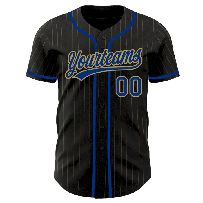 Custom Black Old Gold Pinstripe Royal Authentic Baseball Jersey - Image 2