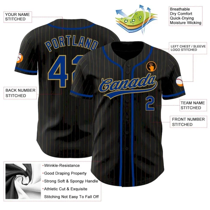 Custom Black Old Gold Pinstripe Royal Authentic Baseball Jersey - Image 3