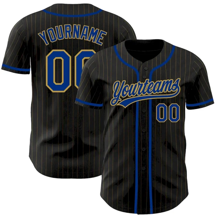 Custom Black Old Gold Pinstripe Royal Authentic Baseball Jersey - Image 1