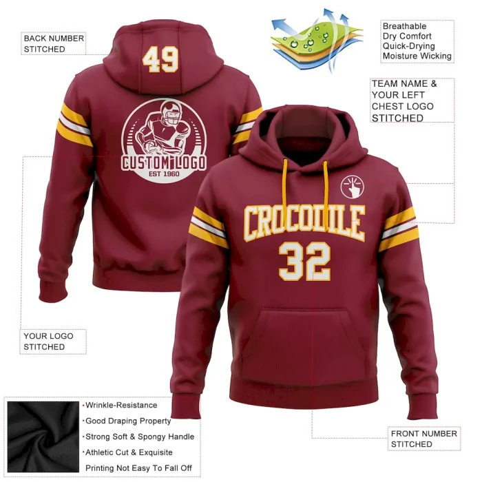 Custom Stitched Crimson White-Gold Football Pullover Sweatshirt Hoodie - Image 2