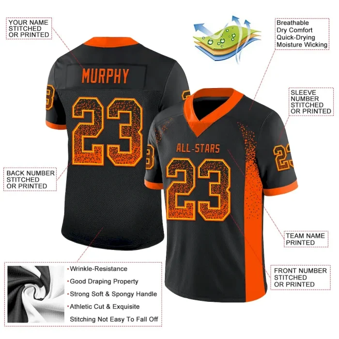 Custom Black Orange-Yellow Mesh Drift Fashion Football Jersey - Image 3