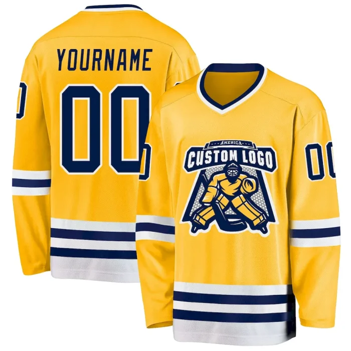 Custom Gold Navy-White Hockey Jersey - Image 2