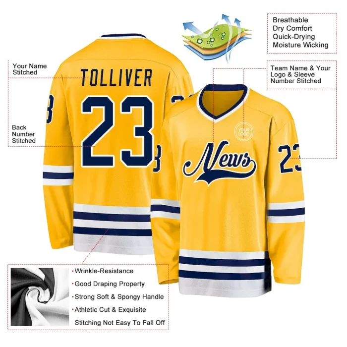Custom Gold Navy-White Hockey Jersey - Image 3