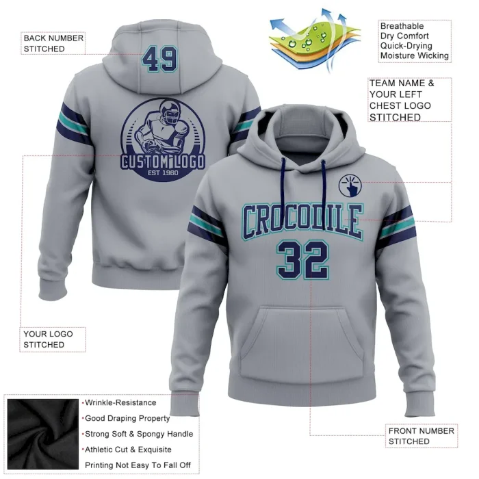 Custom Stitched Gray Navy-Teal Football Pullover Sweatshirt Hoodie - Image 2