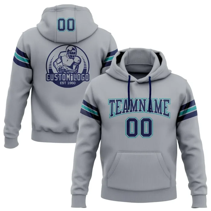 Custom Stitched Gray Navy-Teal Football Pullover Sweatshirt Hoodie - Image 1