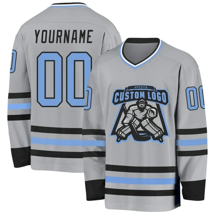 Custom Gray Light Blue-Black Hockey Jersey - Image 2