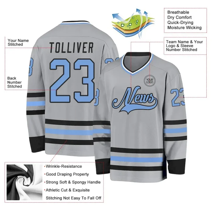Custom Gray Light Blue-Black Hockey Jersey - Image 3