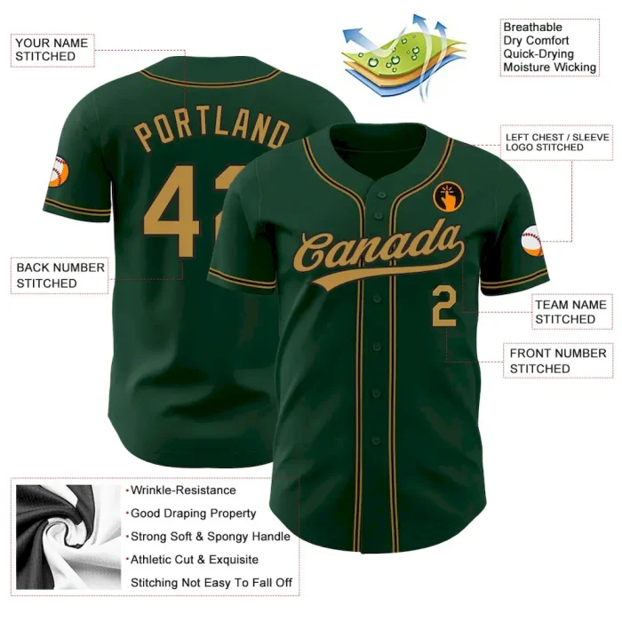 Custom Green Old Gold-Black Authentic Baseball Jersey - Image 3