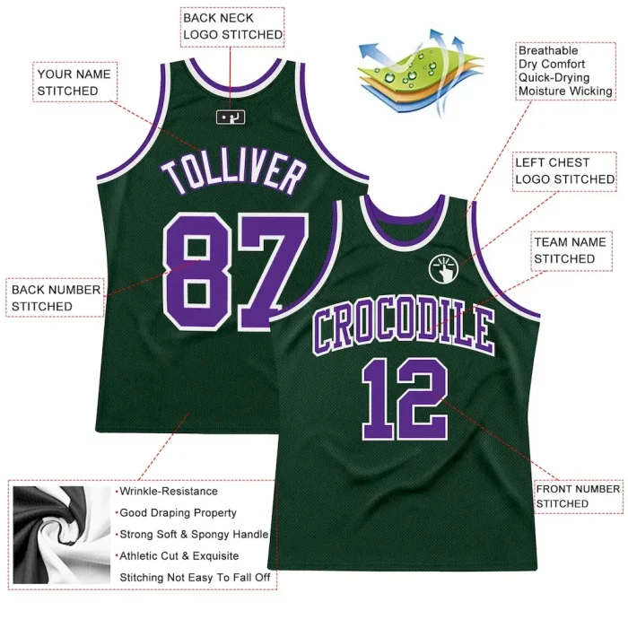 Custom Hunter Green Purple-White Authentic Throwback Basketball Jersey - Image 2