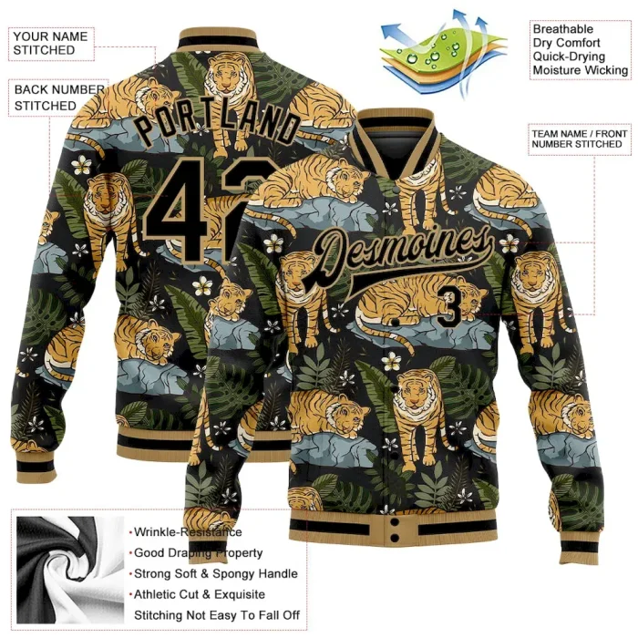 Custom Black Black-Old Gold Tropical Tiger With Palms 3D Pattern Design Bomber Full-Snap Varsity Letterman Jacket - Image 3