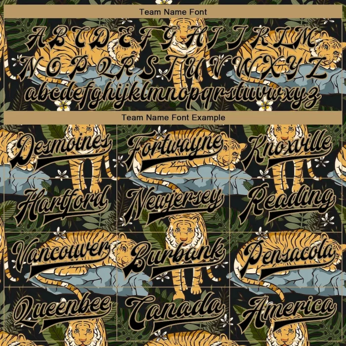 Custom Black Black-Old Gold Tropical Tiger With Palms 3D Pattern Design Bomber Full-Snap Varsity Letterman Jacket - Image 4
