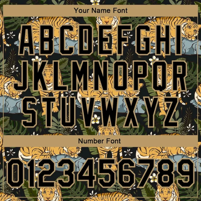 Custom Black Black-Old Gold Tropical Tiger With Palms 3D Pattern Design Bomber Full-Snap Varsity Letterman Jacket - Image 5