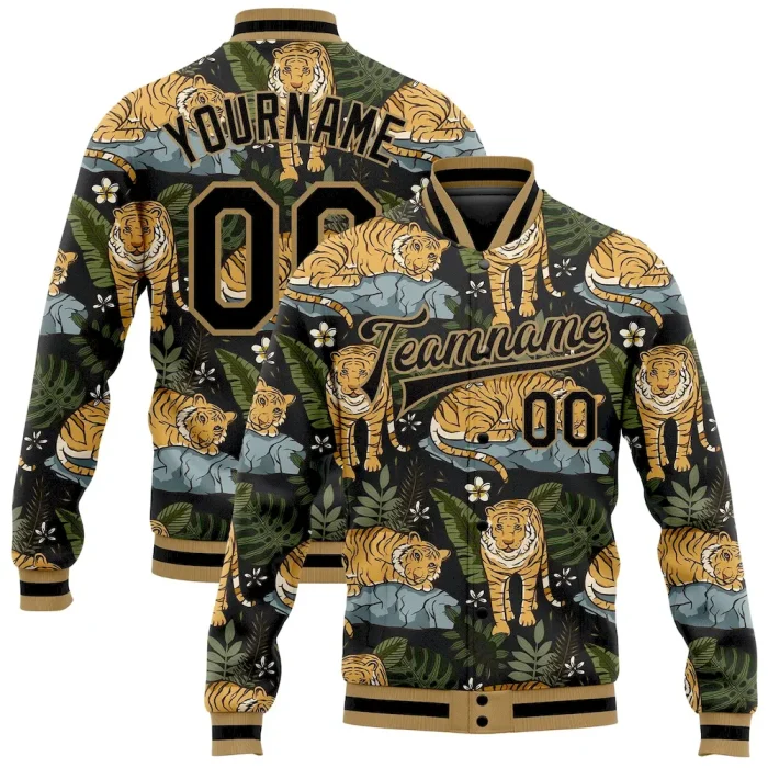 Custom Black Black-Old Gold Tropical Tiger With Palms 3D Pattern Design Bomber Full-Snap Varsity Letterman Jacket - Image 1