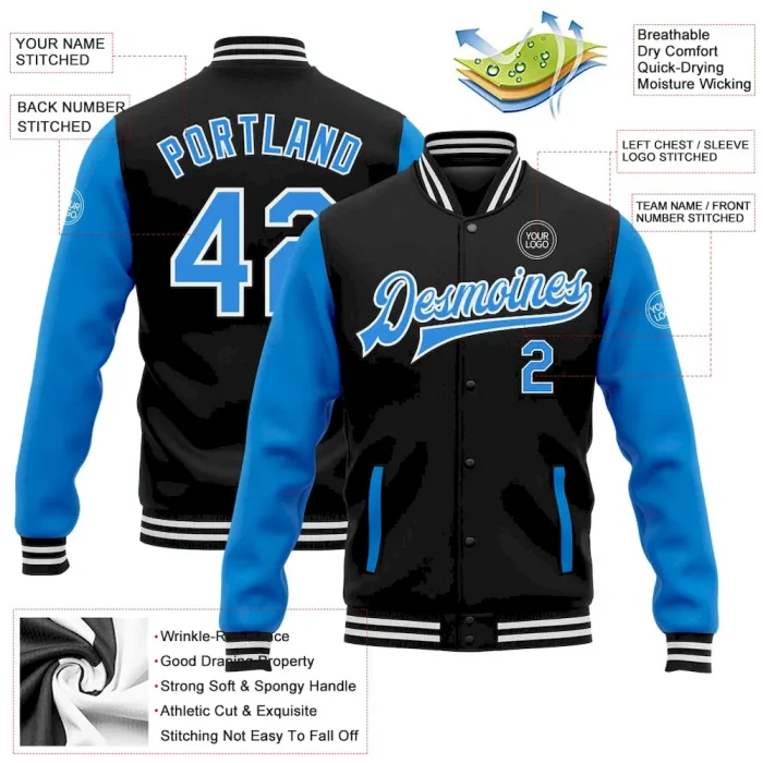 Custom Black Powder Blue-White Bomber Full-Snap Varsity Letterman Two Tone Jacket - Image 3