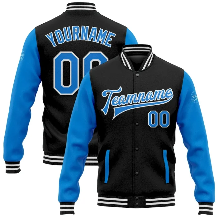 Custom Black Powder Blue-White Bomber Full-Snap Varsity Letterman Two Tone Jacket - Image 1