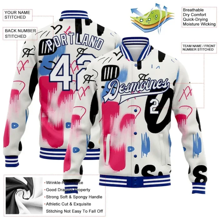 Custom Graffiti Pattern White-Royal Grunge Art 3D Bomber Full-Snap Varsity Letterman Jacket - Image 3