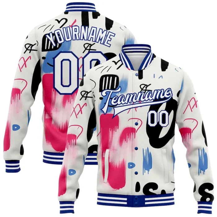Custom Graffiti Pattern White-Royal Grunge Art 3D Bomber Full-Snap Varsity Letterman Jacket - Image 1