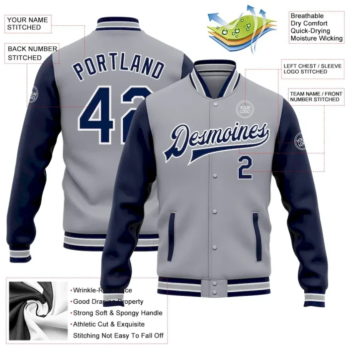 Custom Gray Navy-White Bomber Full-Snap Varsity Letterman Two Tone Jacket - Image 3