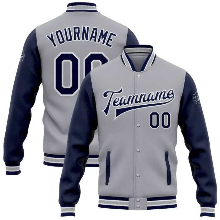 Custom Gray Navy-White Bomber Full-Snap Varsity Letterman Two Tone Jacket - Image 1