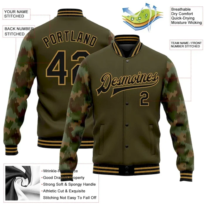 Custom Olive Black-Old Gold Camo Sleeves 3D Pattern Design Bomber Full-Snap Varsity Letterman Salute To Service Jacket - Image 3