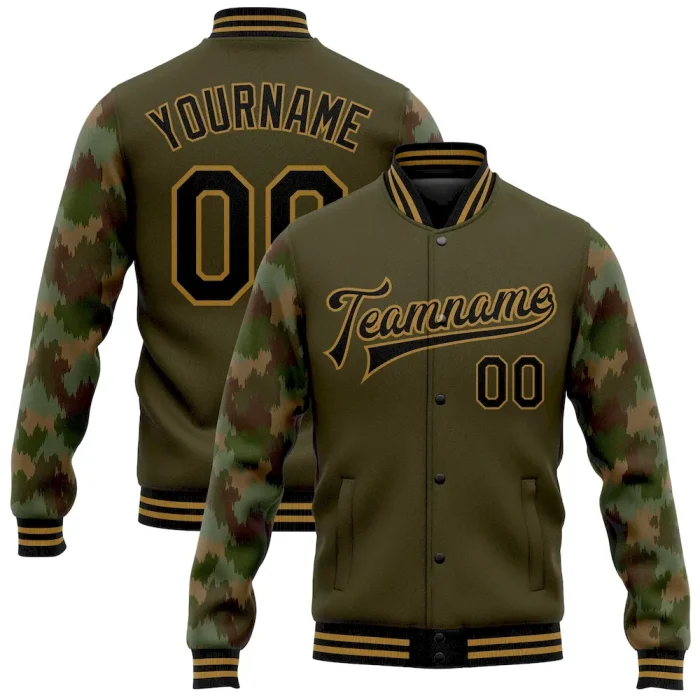 Custom Olive Black-Old Gold Camo Sleeves 3D Pattern Design Bomber Full-Snap Varsity Letterman Salute To Service Jacket - Image 1
