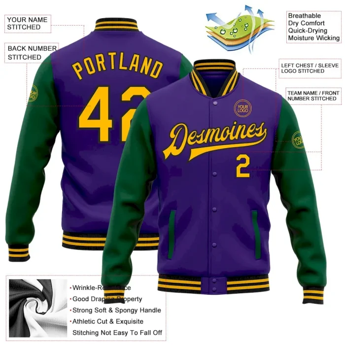 Custom Purple Gold-Kelly Green Bomber Full-Snap Varsity Letterman Two Tone Jacket - Image 3