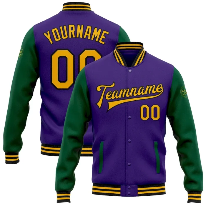 Custom Purple Gold-Kelly Green Bomber Full-Snap Varsity Letterman Two Tone Jacket - Image 1