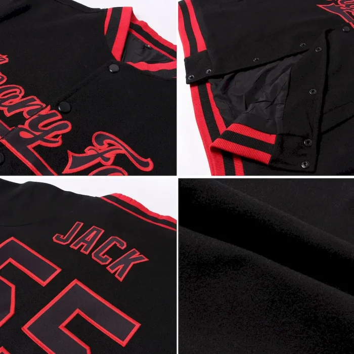 Custom Cardinal Black-White 3D Pattern Design Bomber Full-Snap Varsity Letterman Jacket - Image 2