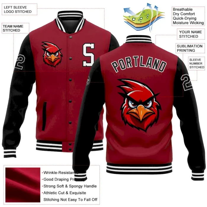 Custom Cardinal Black-White 3D Pattern Design Bomber Full-Snap Varsity Letterman Jacket - Image 3
