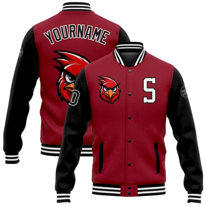 Custom Cardinal Black-White 3D Pattern Design Bomber Full-Snap Varsity Letterman Jacket - Image 1