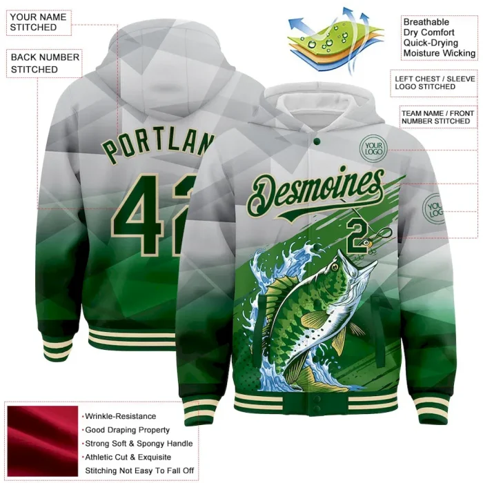 Custom Gray Green-Cream Largemouth Bass Fish Fishing 3D Bomber Full-Snap Varsity Letterman Hoodie Jacket - Image 3