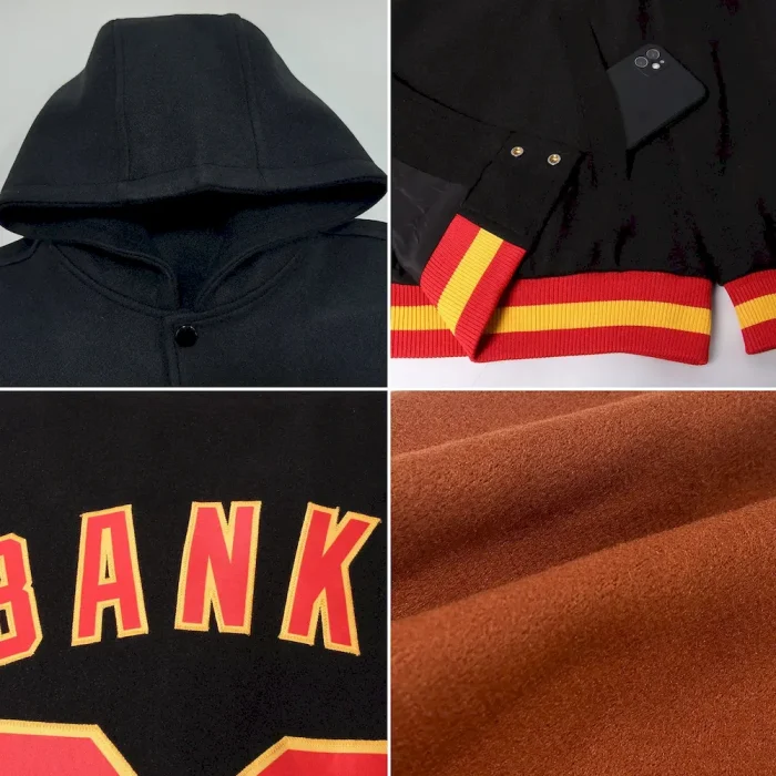Custom Texas Orange Black-Teal Bomber Full-Snap Varsity Letterman Two Tone Hoodie Jacket - Image 2