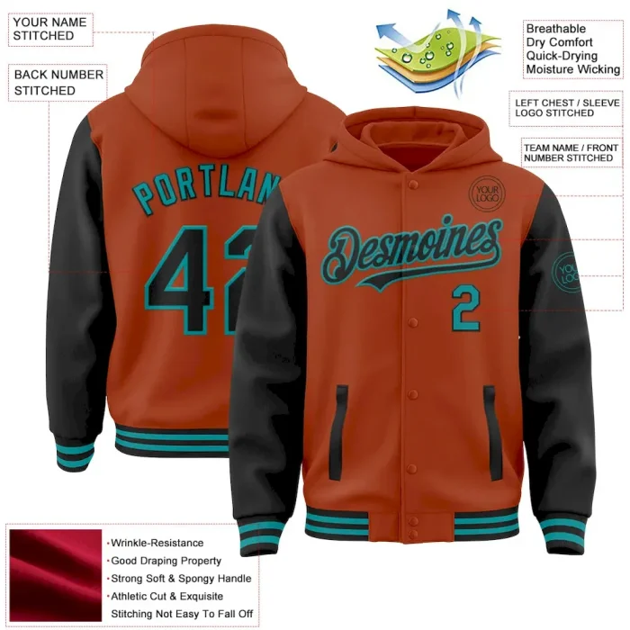 Custom Texas Orange Black-Teal Bomber Full-Snap Varsity Letterman Two Tone Hoodie Jacket - Image 3