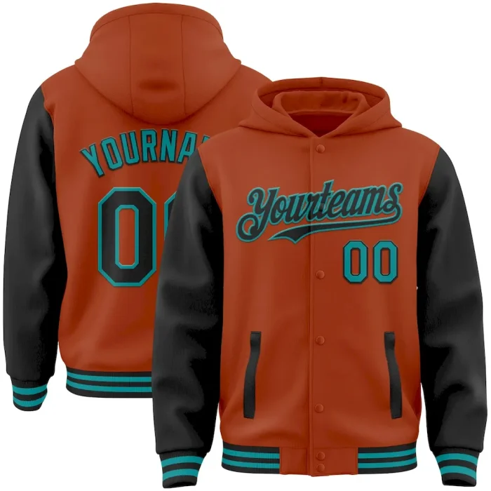 Custom Texas Orange Black-Teal Bomber Full-Snap Varsity Letterman Two Tone Hoodie Jacket - Image 1